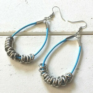 Hand Craft Turquoise Blue Long Polyester Cord Silver Rings Dangle Hoop Earrings